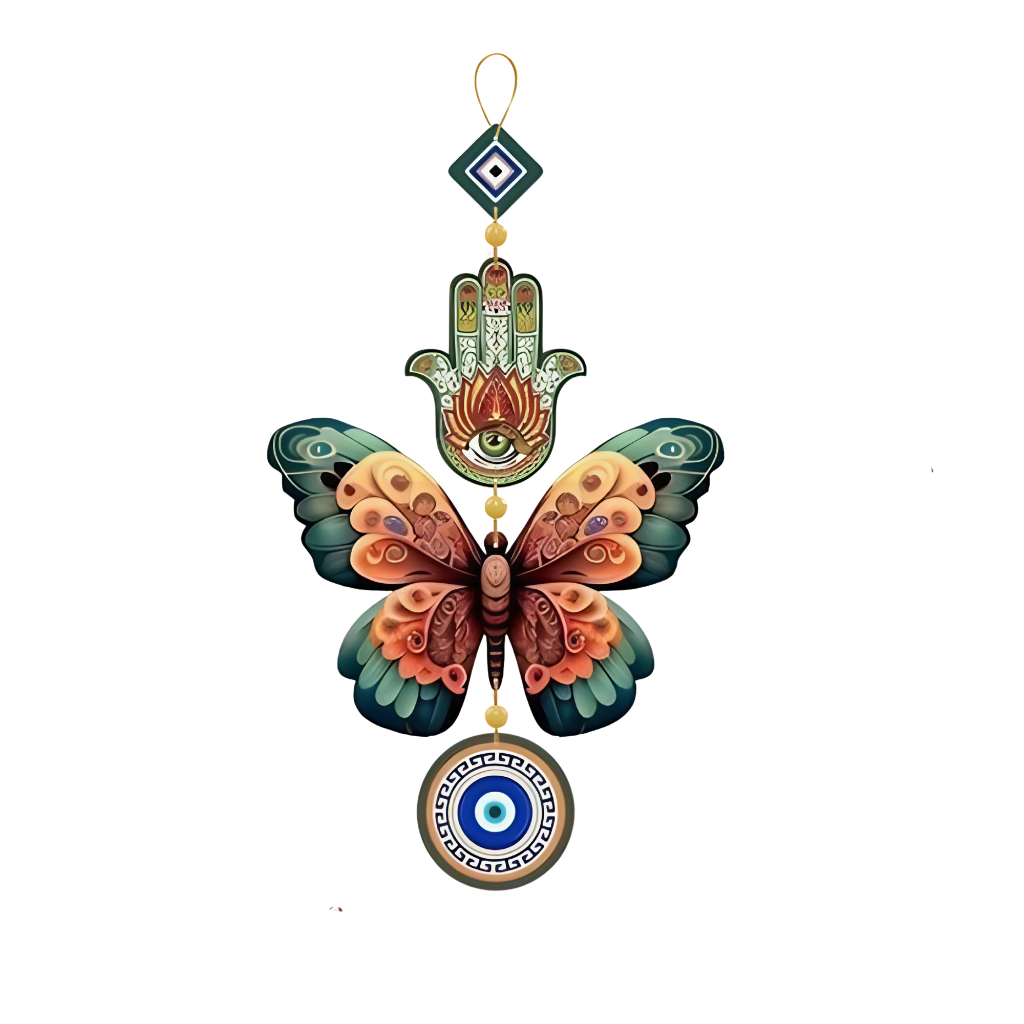 Printed hanging with a hamsa hand, a butterfly and evil eye motifs