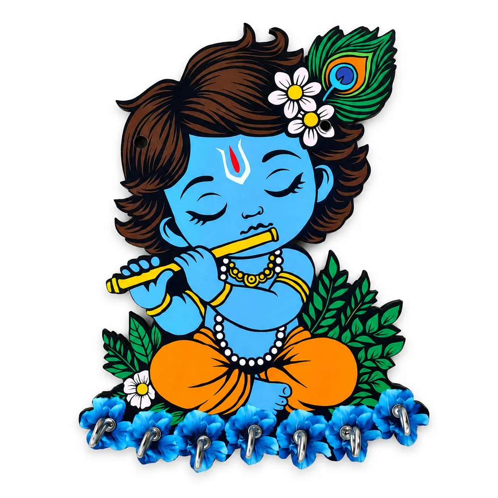 Bal Krishna key holder: a blue Krishna playing a flute with a peacock feather in his hair, and a row of metal hooks set in blue flowers along the bottom